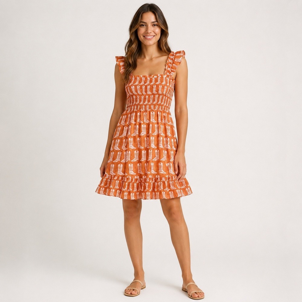 J. Marie Orange Cowboy Boot Print Smocked Mini Dress Womens XS JM2556 Ruffle